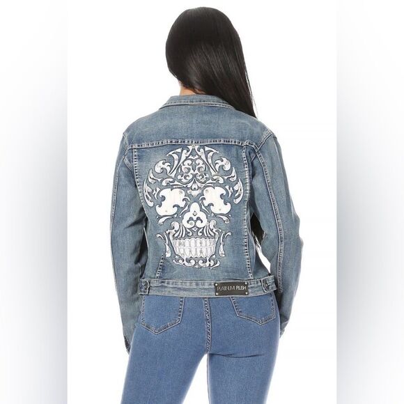 Platinum Plush Rhinestone Denim Jacket with Candy Skull Design - Picture 1 of 8